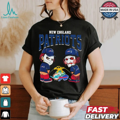 Michael Myers And Billy The Puppet X New England Patriots Pee On NFL Teams Halloween Shirt