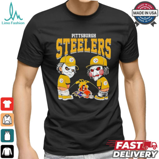 Michael Myers And Billy The Puppet X Pittsburgh Steelers Pee On NFL Teams Halloween Shirt