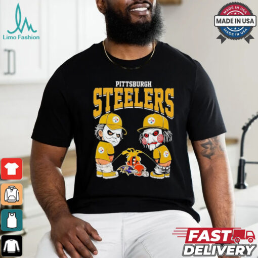 Michael Myers And Billy The Puppet X Pittsburgh Steelers Pee On NFL Teams Halloween Shirt