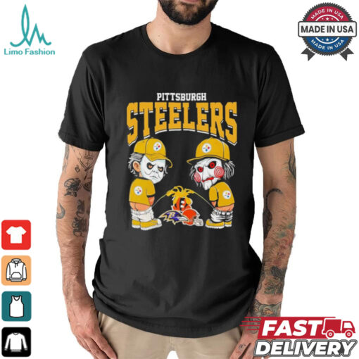Michael Myers And Billy The Puppet X Pittsburgh Steelers Pee On NFL Teams Halloween Shirt