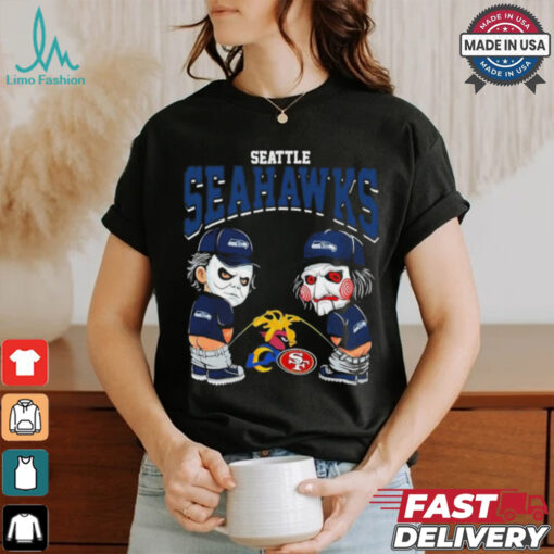 Michael Myers And Billy The Puppet X Seattle Seahawks Pee On NFL Teams Halloween Shirt