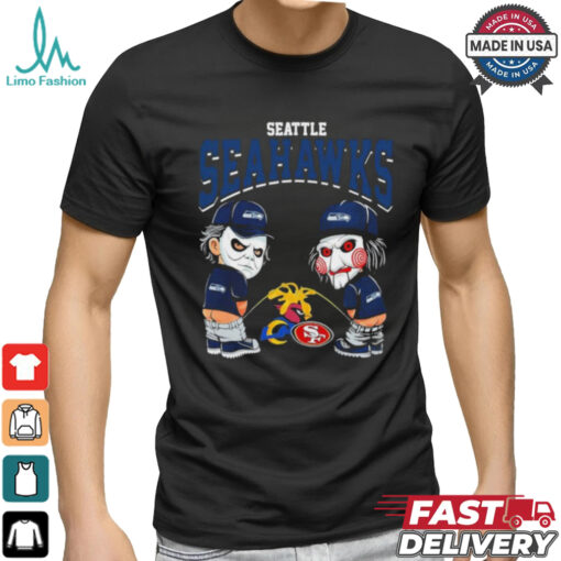 Michael Myers And Billy The Puppet X Seattle Seahawks Pee On NFL Teams Halloween Shirt