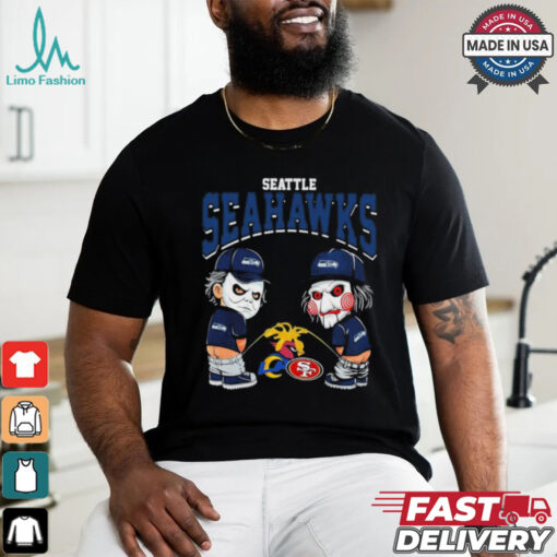 Michael Myers And Billy The Puppet X Seattle Seahawks Pee On NFL Teams Halloween Shirt
