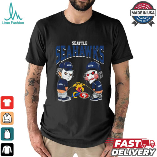 Michael Myers And Billy The Puppet X Seattle Seahawks Pee On NFL Teams Halloween Shirt