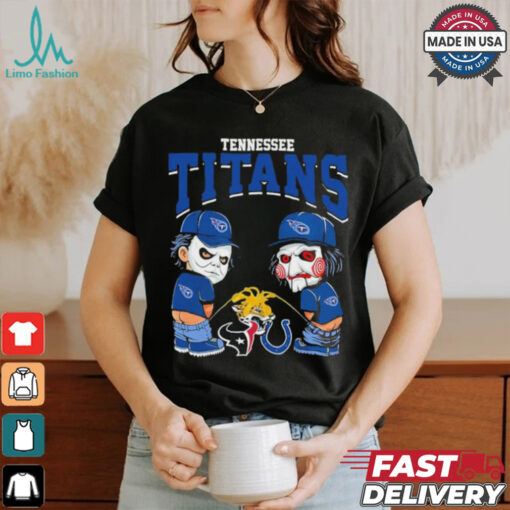 Michael Myers And Billy The Puppet X Tennessee Titans Pee On NFL Teams Halloween Shirt