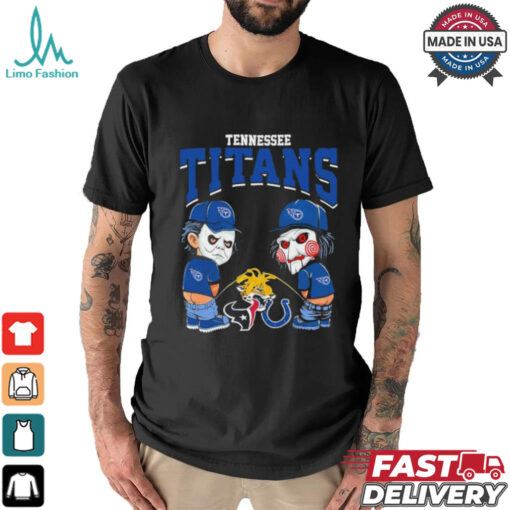 Michael Myers And Billy The Puppet X Tennessee Titans Pee On NFL Teams Halloween Shirt