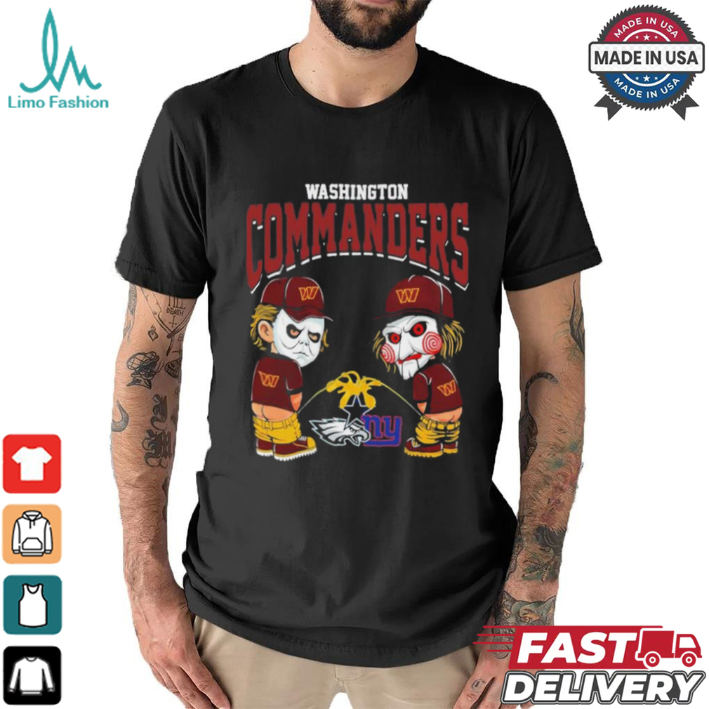 Michael Myers And Billy The Puppet X Washington Commanders Pee On NFL Teams Halloween Shirt Michael Myers And Billy The Puppet X Washington Commanders Pee On NFL Teams Halloween Shirt