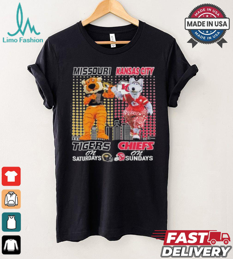 Missouri Tigers On Saturdays and Kansas City Chiefs On Sundays Mascots T Shirt Missouri Tigers On Saturdays and Kansas City Chiefs On Sundays Mascots T Shirt
