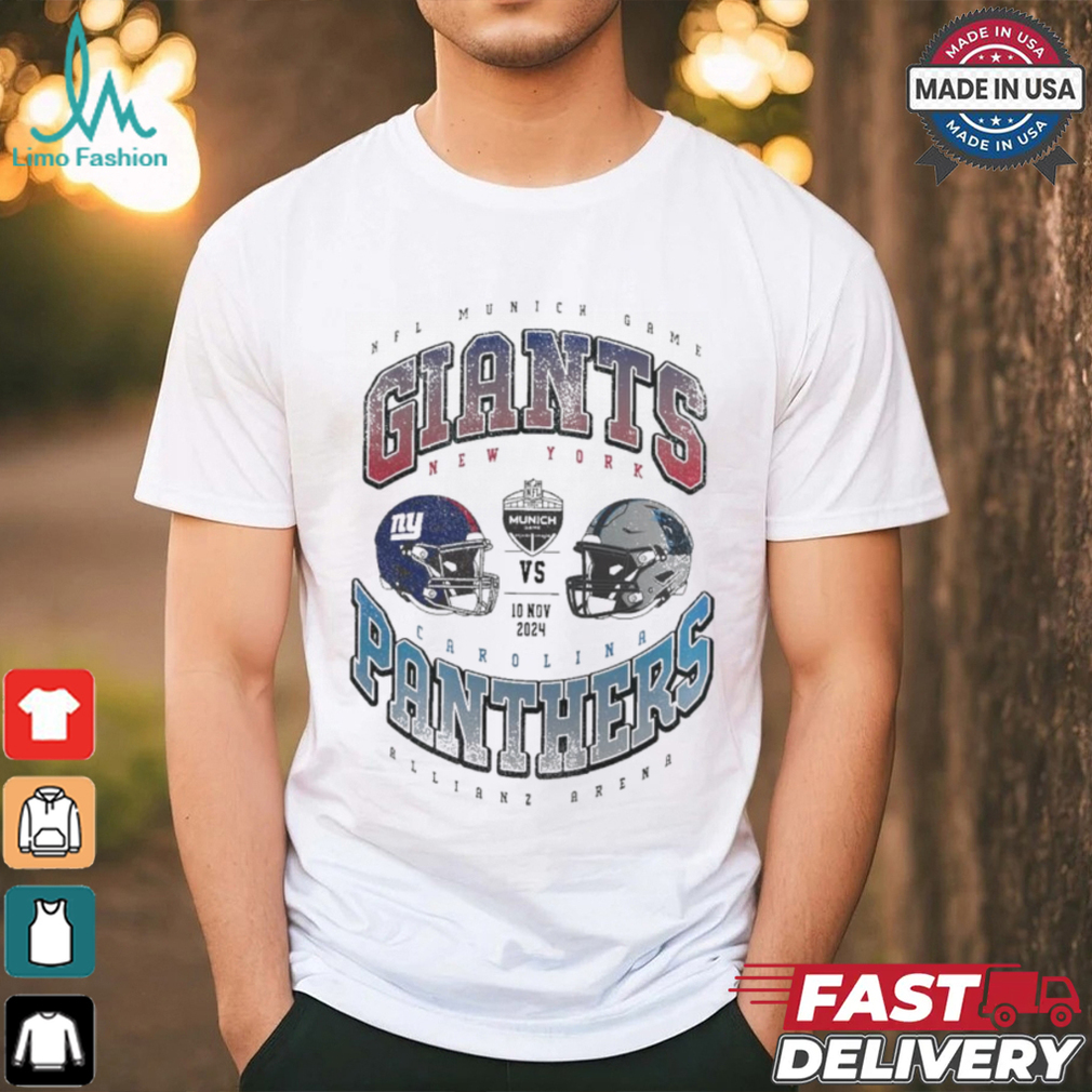 New York Giants vs. Carolina Panthers 2024 NFL Munich Games Gridiron Showdown helmet shirt New York Giants vs. Carolina Panthers 2024 NFL Munich Games Gridiron Showdown helmet shirt