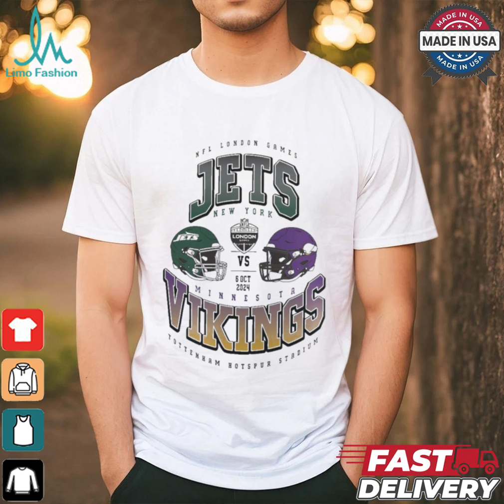 New York Jets vs. Minnesota Vikings 2024 NFL London Games Gridiron Showdown helmet shirt New York Jets vs. Minnesota Vikings 2024 NFL London Games Gridiron Showdown helmet shirt