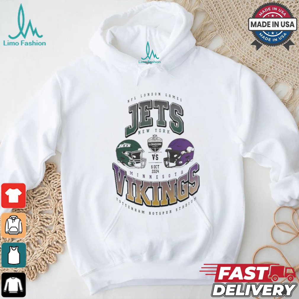 New York Jets vs. Minnesota Vikings 2024 NFL London Games Gridiron Showdown helmet shirt New York Jets vs. Minnesota Vikings 2024 NFL London Games Gridiron Showdown helmet shirt