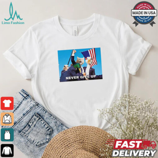 Official Trump Never Give Up Cat and Duck USA Flag t shirt