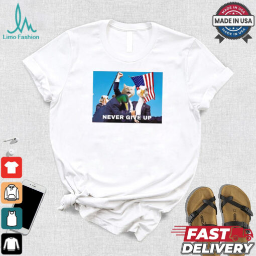 Official Trump Never Give Up Cat and Duck USA Flag t shirt