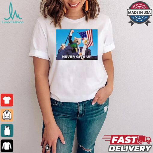 Official Trump Never Give Up Cat and Duck USA Flag t shirt
