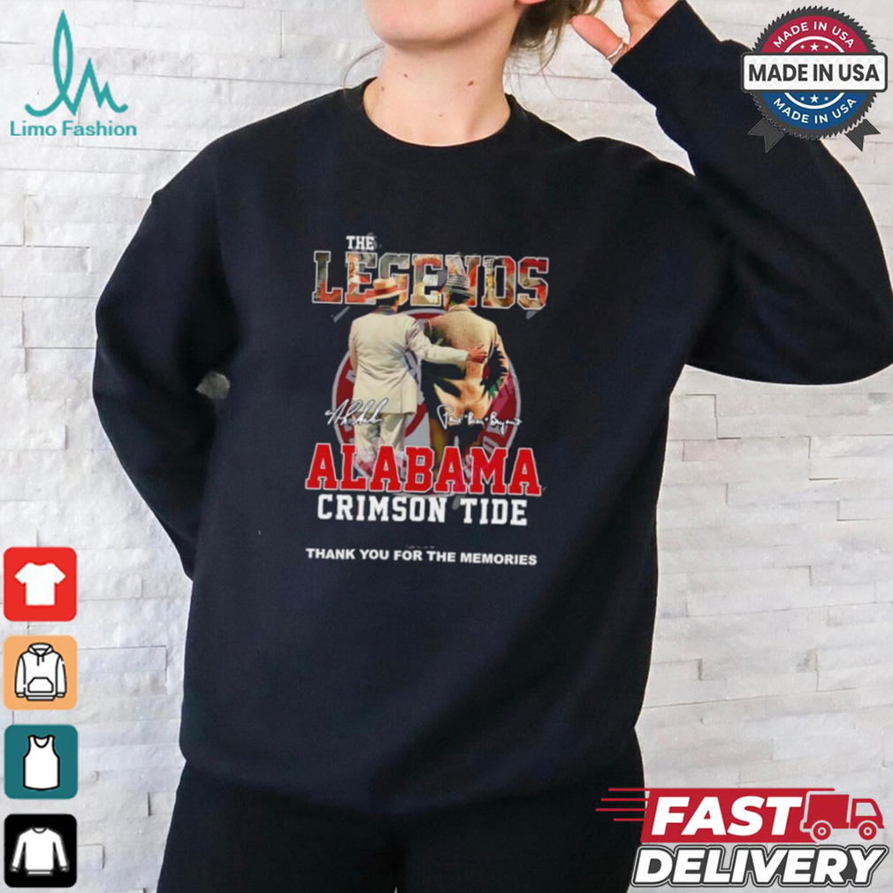 The Legends Alabama Crimson Tide Nick Saban and Bear Bryant thank you for the memories signatures shirt The Legends Alabama Crimson Tide Nick Saban and Bear Bryant thank you for the memories signatures shirt
