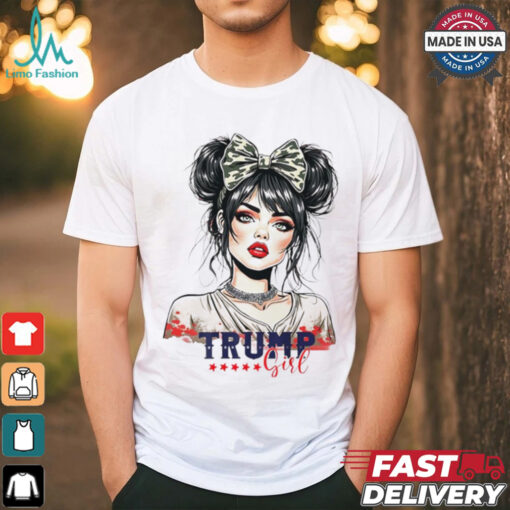 Trump girl messy bun Trump 2024 election American flag shirt