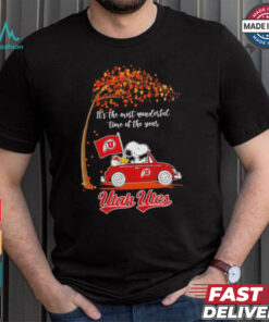 Utah Utes Snoopy driving car fall the most wonder ful time of the year shirt, hoodie, sweater, long sleeve and tank top Utah Utes Snoopy driving car fall the most wonder ful time of the year shirt