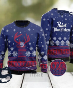 Christmas 2024 Blue Pabst Blue Ribbon Reindeer Snowy Ugly Sweater