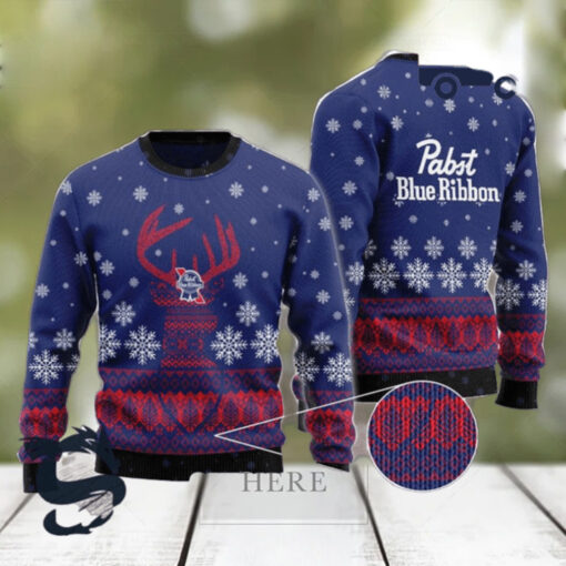 Christmas 2024 Blue Pabst Blue Ribbon Reindeer Snowy Ugly Sweater