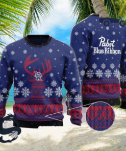 Christmas 2024 Blue Pabst Blue Ribbon Reindeer Snowy Ugly Sweater