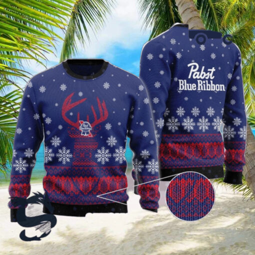 Christmas 2024 Blue Pabst Blue Ribbon Reindeer Snowy Ugly Sweater