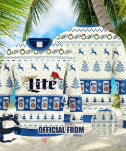 Christmas 2024 Miller Lite Reindeer Snowy Night Ugly Sweater