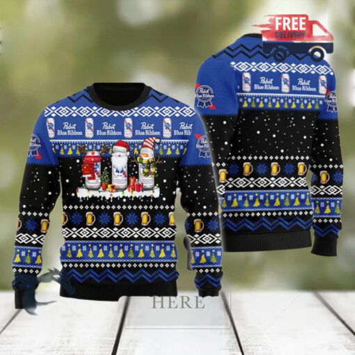 Christmas 2024 Pabst Blue Ribbon Santa Reindeer Snowflake Ugly Sweater