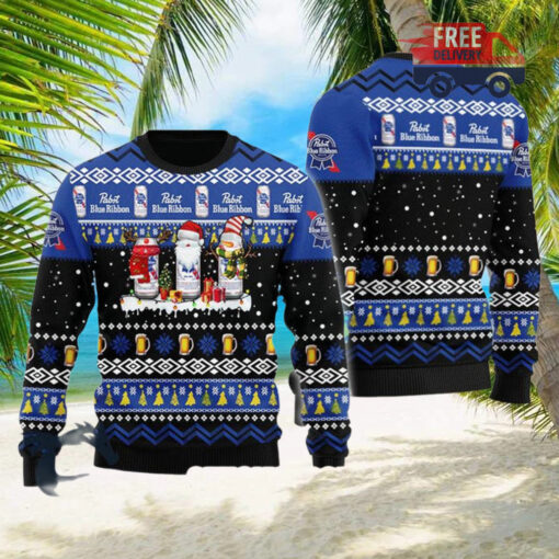 Christmas 2024 Pabst Blue Ribbon Santa Reindeer Snowflake Ugly Sweater