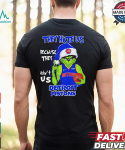 Grinch Santa hat middle finger they hate us because they ain’t us Detroit Pistons shirt