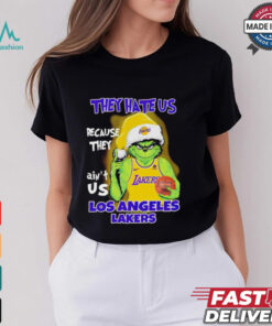 Grinch Santa hat middle finger they hate us because they ain’t us Los Angeles Lakers shirt