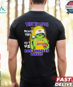 Grinch Santa hat middle finger they hate us because they ain’t us Los Angeles Lakers shirt