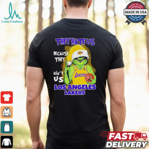 Grinch Santa hat middle finger they hate us because they ain’t us Los Angeles Lakers shirt