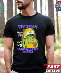 Grinch Santa hat middle finger they hate us because they ain’t us Los Angeles Lakers shirt