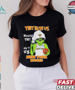 Grinch Santa hat middle finger they hate us because they ain’t us New York Knicks shirt