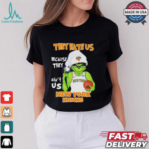 Grinch Santa hat middle finger they hate us because they ain’t us New York Knicks shirt