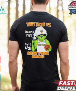 Grinch Santa hat middle finger they hate us because they ain’t us New York Knicks shirt