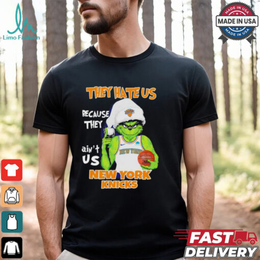 Grinch Santa hat middle finger they hate us because they ain’t us New York Knicks shirt