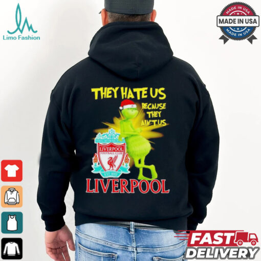 Grinch stands lean on Liverpool FC they hate us because in’t us Christmas shirt