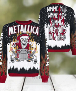 Metallica Gimme Yule Holiday Gimme Chest Nuts On A Fire Skeleton Santa On The Hot Rod Holiday Christmas Ugly Sweater