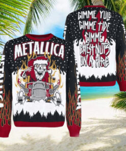 Metallica Gimme Yule Holiday Gimme Chest Nuts On A Fire Skeleton Santa On The Hot Rod Holiday Christmas Ugly Sweater