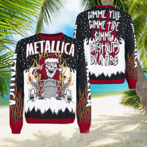 Metallica Gimme Yule Holiday Gimme Chest Nuts On A Fire Skeleton Santa On The Hot Rod Holiday Christmas Ugly Sweater