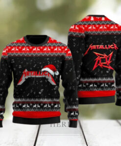 Metallica Signature Logo With Santa Hat Reindeer Pattern Black And Red Knitted Ugly Christmas Sweater