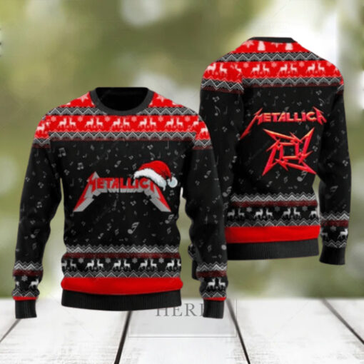 Metallica Signature Logo With Santa Hat Reindeer Pattern Black And Red Knitted Ugly Christmas Sweater