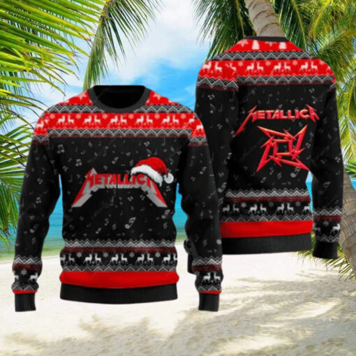 Metallica Signature Logo With Santa Hat Reindeer Pattern Black And Red Knitted Ugly Christmas Sweater