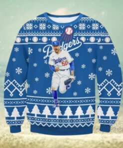 Mookie Betts Running Dodgers Snowflake Christmas Sweater