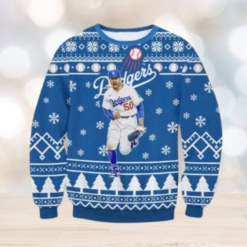 Mookie Betts Running Dodgers Snowflake Christmas Sweater