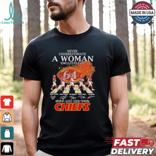 Never Underestimate A Woman Who Loves Fall And Her Kansas City Chiefs Abbey Road Signatures Shirt