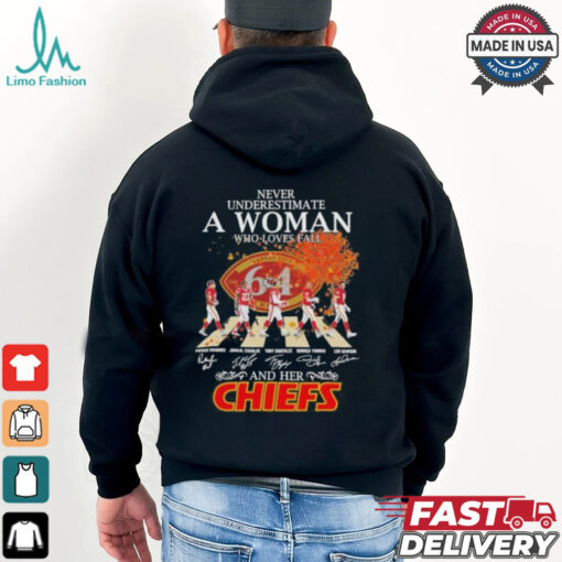 Never Underestimate A Woman Who Loves Fall And Her Kansas City Chiefs Abbey Road Signatures Shirt