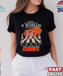 Never Underestimate A Woman Who Loves Fall And Her Kansas City Chiefs Abbey Road Signatures Shirt