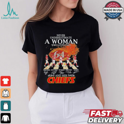 Never Underestimate A Woman Who Loves Fall And Her Kansas City Chiefs Abbey Road Signatures Shirt